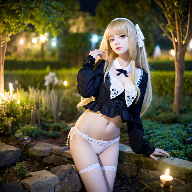 Long blonde hair Slender beautiful girl Gothic Lolita clothes Garden at Night blue eyes White panties