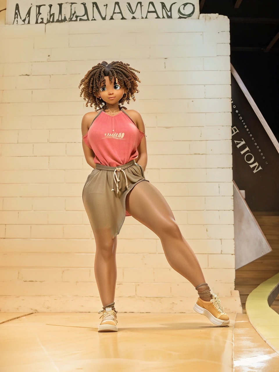 a black woman , HAS A BROWN DRESS WITH BLUE STRAPS AND A SPLIT ON THE LEFT LEG AND IS BAREFOOUS IN Disney Pixar STYLE, high qualiy