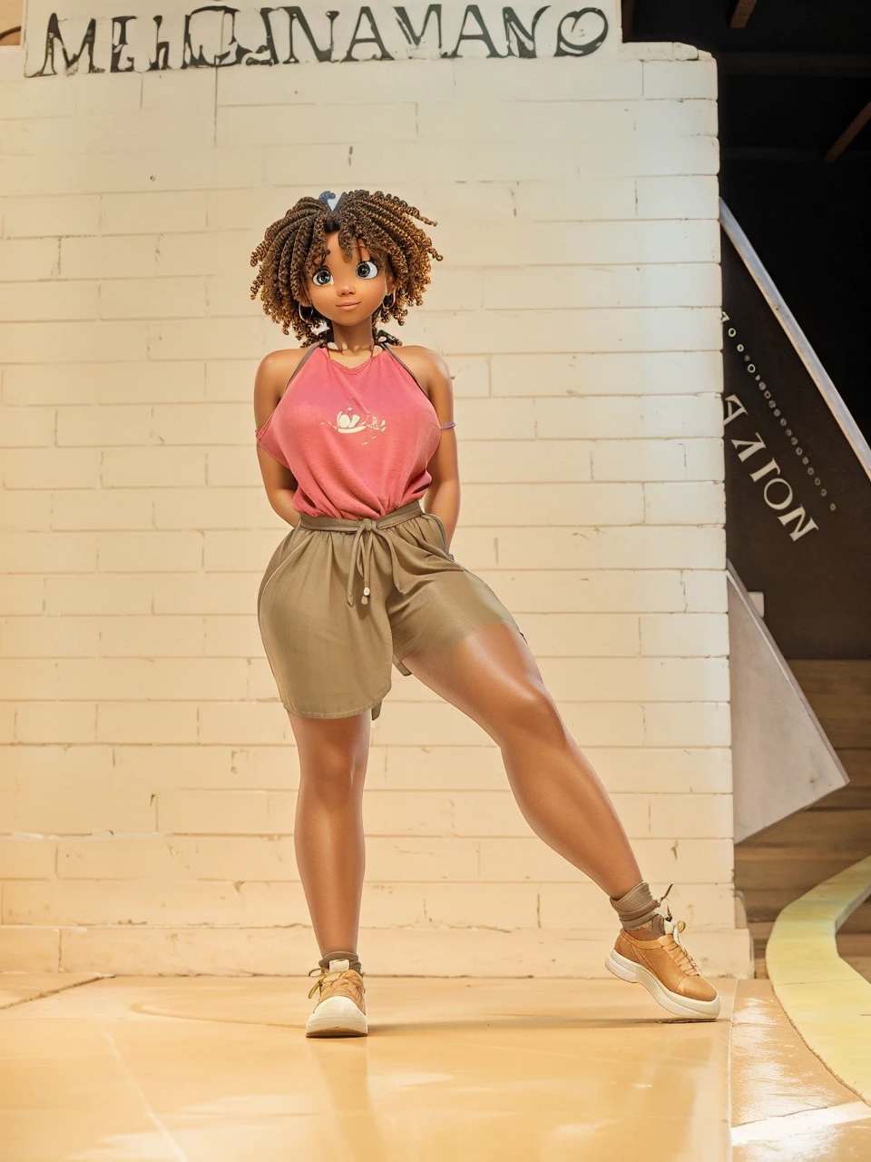 a black woman , HAS A BROWN DRESS WITH BLUE STRAPS AND A SPLIT ON THE LEFT LEG AND IS BAREFOOUS IN Disney Pixar STYLE, high qualiy