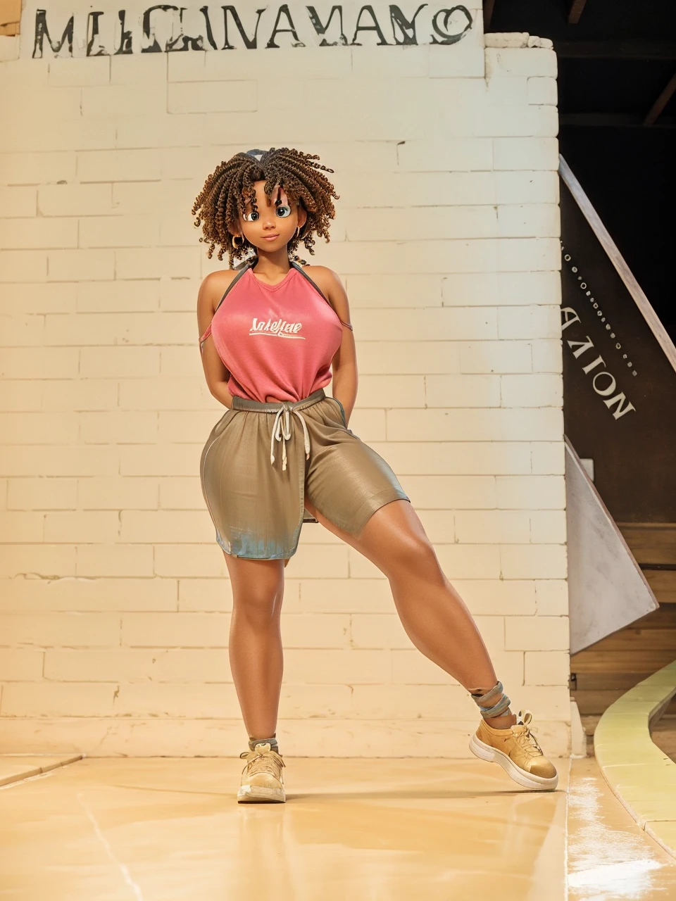 a black woman , HAS A BROWN DRESS WITH BLUE STRAPS AND A SPLIT ON THE LEFT LEG AND IS BAREFOOUS IN Disney Pixar STYLE, high qualiy