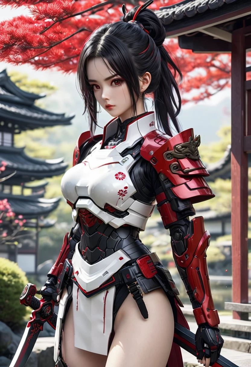 8K、Very detailed、Cyberpunk art、whole body、Black semi-long hair up、Wearing white and red samurai armor、Holding a sword、Japanese garden、Female Android