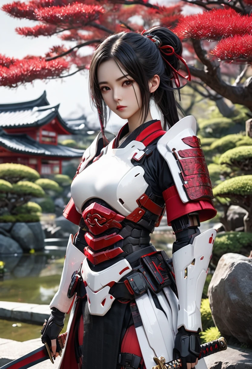 ８K、Very detailed、Cyberpunk art、whole body、Black semi-long hair up、Wearing white and red samurai armor、Holding a sword、Japanese garden、Female Android