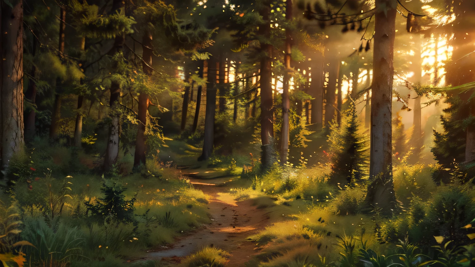 ultra-detailed, (best quality:1.2), (ultra highres:1.1), high resolution, enigmatic, sunny day, ray of lights, 16k, unreal engine, UHD, photorealistic, twilight in the deciduous forest, blurred trees in the background, a forest clearing, a spreading old tree, a bonfire is burning under it