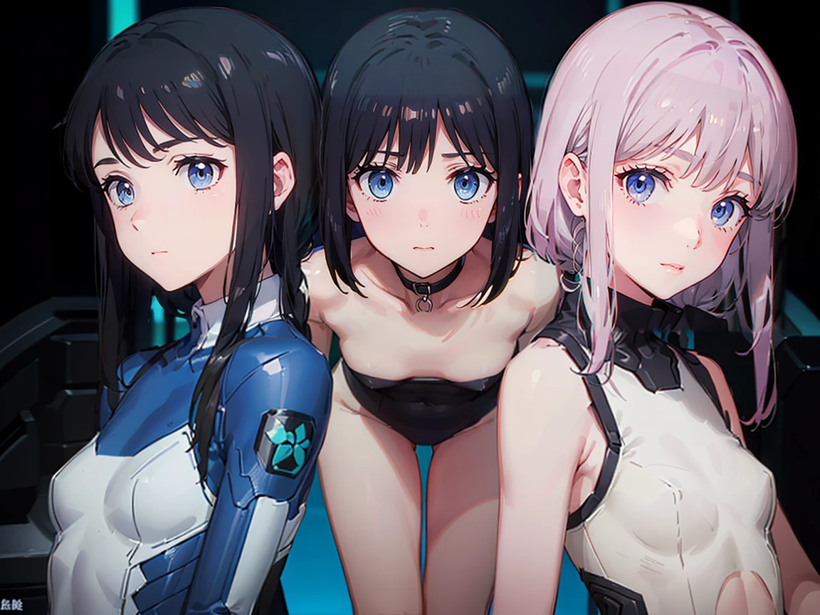 (((High resolution))), (((Very detailedな))), (((Three Girls:1.3))),((７Head to Body:1.3))、 (((Midday Blue Background)))、(((Cute face:1.3))), (((smile:1.5)))、(((Beautiful and detailed eyes:1.3))), (((Very detailed))), (((Details face:1.5))), break , ,sunny, ,((GANTZ Suit:1.2)),((Very delicate body))、((Very flat chest))、((Small waist))、((thigh gap:1.2))、Friendly atmosphere,((from side))、Normal limbs、