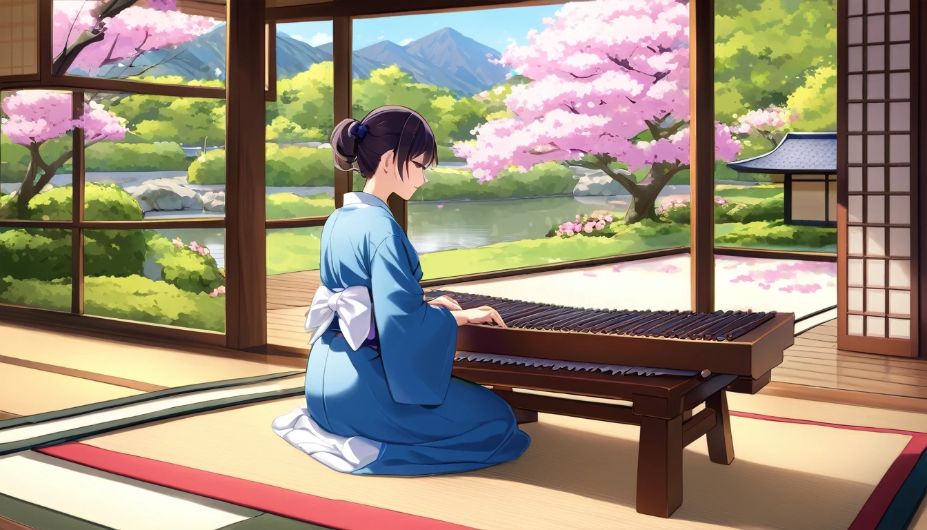 A woman playing the koto, on the porch with a view of a Japanese garden.
Cherry blossoms are blooming in the garden. Lots of fresh greenery is also visible.
