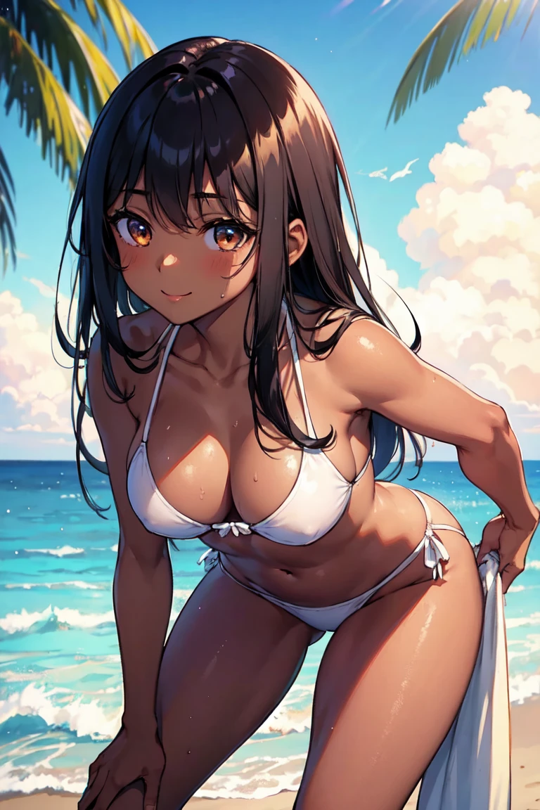 masterpiece, Highest quality, 超detailed, 非常にdetailed，4K，8K, ((A clearly drawn face)),((非常にdetailedな肌)),(One Girl:1.5),barefoot,alone,Swimwear,Black Hair,(Sunburn:1.5),belly button,bikini, Sunburn lines,Sweat,Wet,(Woman with dark skin:1.2),Brown eyes,Long Hair,(Dark Skin:1.2),Toes,smile,white bikini,(Leaning forward:1.3), Sandy Beach,(Seaside:1.3),[[[From below]]],(Perfect hands),(Perfect Fingers),more_detailed:-1, more_detailed:0, more_detailed:0.5, more_detailed:1, more_detailed:1.5,Delicate colors, shape, Bright colors, beautiful