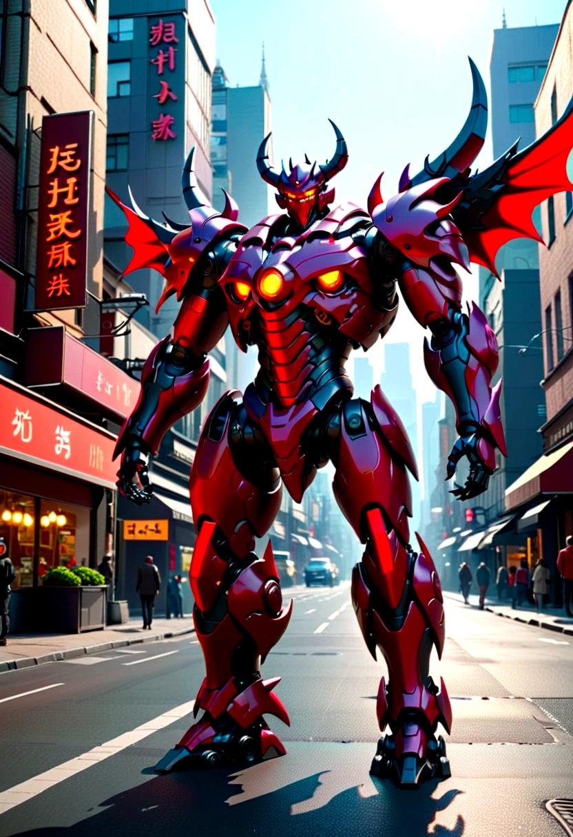 (Demon Mecha, 3d rendering), Background city street center, Clear HD, 8k resolution, Very detailed, number, Concept Art,
