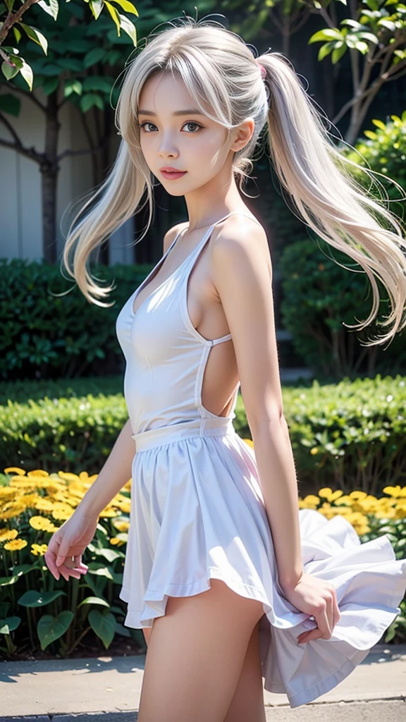 Some women have long white hair, A simple, thin one-piece dress worn by a beautiful girl, With slit, (Her skin is visible through her dress), Real life anime girls, 15 years old, Baby Face, Small and slender figure, Perfect white hair girl, Anime Girl Cosplay, Photorealistic Animation, Realistic anime 3D style, Realistic young anime girl, Ultra realistic anime, Twin tails, White Hair Girl, Photorealistic Animation girl render, Beautiful anime school girl, (Blooming Flowers々A fantastic and beautiful staircase background created by), (Detailed eyes and face:1.2, Professional photography techniques), Beautiful breasts, Cleavage, Slender body line, Small beautiful butt, Tight waist, Cute Smile, ((Hair fluttering in the wind:1.3, Skirt rolled up in the wind:1.4)), ((Supports viewer masturbation))