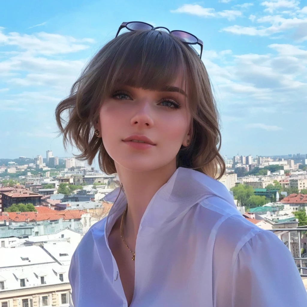 arafed woman with sunglasses standing on a balcony overlooking a city, anastasia ovchinnikova, alina ivanchenko, sofya emelenko, aleksandra waliszewska, anna nikonova aka newmilky, moleksandra shchaslyva, julia gorokhova, anna nikonova, nadezhda tikhomirova, yelena belova