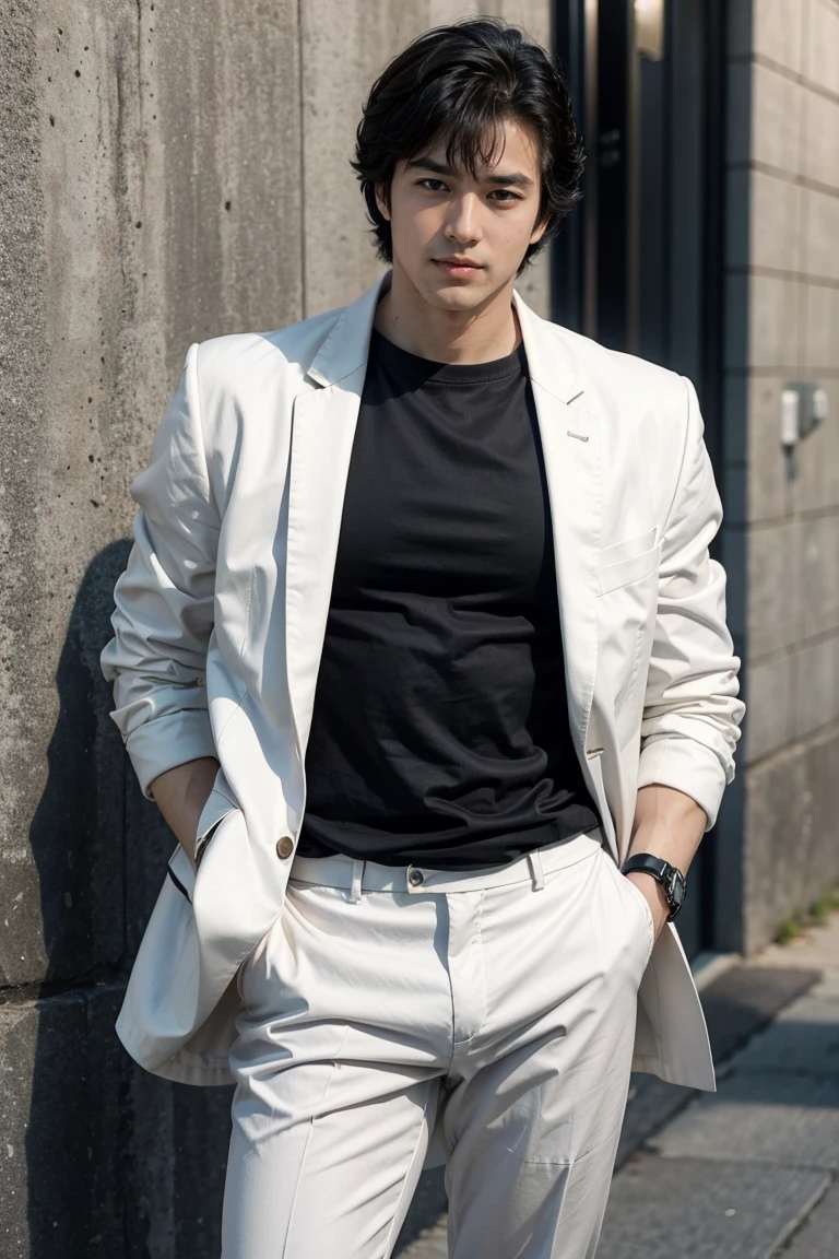 (saeba ryo city hunter )  ,Wearing white pants,white jacket,black shirts,standing,erect penis,