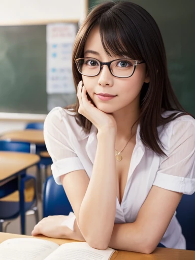 You are a professional photographer。This is a photo of the work scene.。breaK,masterpiece、８K、Highest quality, Soft Light, Ultra-high resolution, (Realistic:1.4), RAW Photos,2 、1 Japan, alone, cute、(pupil, Light in your eyes), Natural black eyes、Beautiful face in every detail,(High resolution detail of human skin texture)、(Semi-nude、Beautiful nipples）、（Cleavage、Big Breasts）、smile、（Camel Toe）、（Transparency）、Wear round glasses、teacher、Wearing a blouse、Holding a book、In the classroom during class、(Portraiture)、Put on your boots、tie a ribbon around one&#39;s neck、butterfly々Knotting Ribbon、In front of students