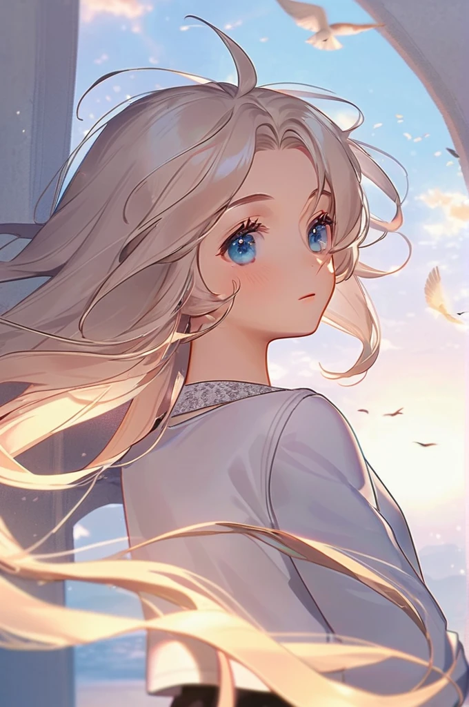 ((Лучшее качество)), ((шедевр)), (подробный), anime girl sitting with her back, beautiful long hair, wind in her hair, birds flying, rays of the sun