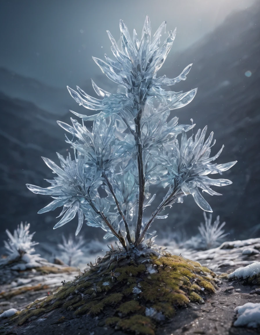 Create an image of a rare plant called Shiverbug, which grows exclusively in the remote, icy regions of the Arctic tundra. The plant should have luminescent, crystalline leaves that emit a bluish glow under the moonlight, and delicate, silver-colored stems that appear to be made of ice. The Shiverbug plant grows in small clusters hidden among snowdrifts and ice blocks. During the day, it appears almost transparent, but at night, it reveals its magical nature with a flickering brightness that attracts Arctic night birds and insects. The scene should depict a snowy, moonlit Arctic landscape with Shiverbug plants standing out as small, glowing jewels amidst the harsh and barren environment.