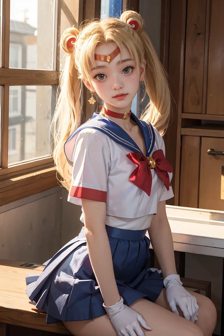 masterpiece, best quality, sailor moon,1girl, long hair,jewelry, sailor senshi uniform, blue sailor collar,blonde hair, red choker,white gloves, twintails, red bow, blue skirt, blue eyes, hair bun,