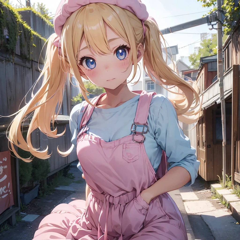 1 adult girl, blue eyes, Blonde, hair in two pigtails, pink vests, pink dress with white overalls, a pink hat on her head, in a calm and sweet environment, photography as for social media profile, Dragon Ball Z style and design, especially in the eyes