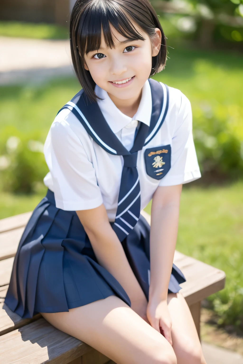 (((masterpiece))),  (Beautiful Japanese Girl, Classmate, Landscape and innocence，cute) ，Ultra-high resolution, Realistic, Ultra-detailed, 8K,Highest quality, Very detailed, Detailed Background,Slender,とてもBeautiful Japanese Girl, Detailed face:1.3), Full-body display，(Short Hair，Black Hair :1.4), (Baby Face，cute系,Adorable 12 year old girl), (Perfect body:1.1),  (school uniform，mini skirt、Sweating、Small white panties), The best smile,非常にDetailed face、Beautiful thighs，Detailed lips、Detailed eyes、 gravure idol，Clear Skin，Sitting on a bench，Girl&#39;s Room
