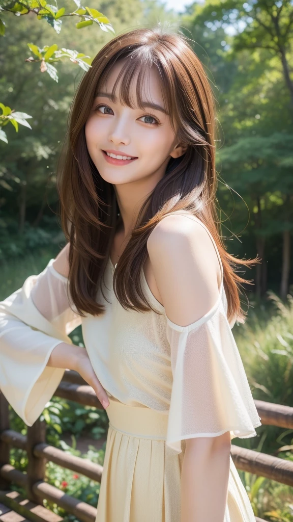 ((Highest quality、8K masterpiece:1.3))、(Super beautiful face:1.0)、(Glowing Skin:1.0)、Photo Real、Brown Hair, Straight shoulder-length hair fluttering in the wind, bangs, Video Lighting、High resolution eyes and face、1 Japanese girl, Pure beauty, cute, from the front、Medium chest、smile, Morning mist in the forest lake