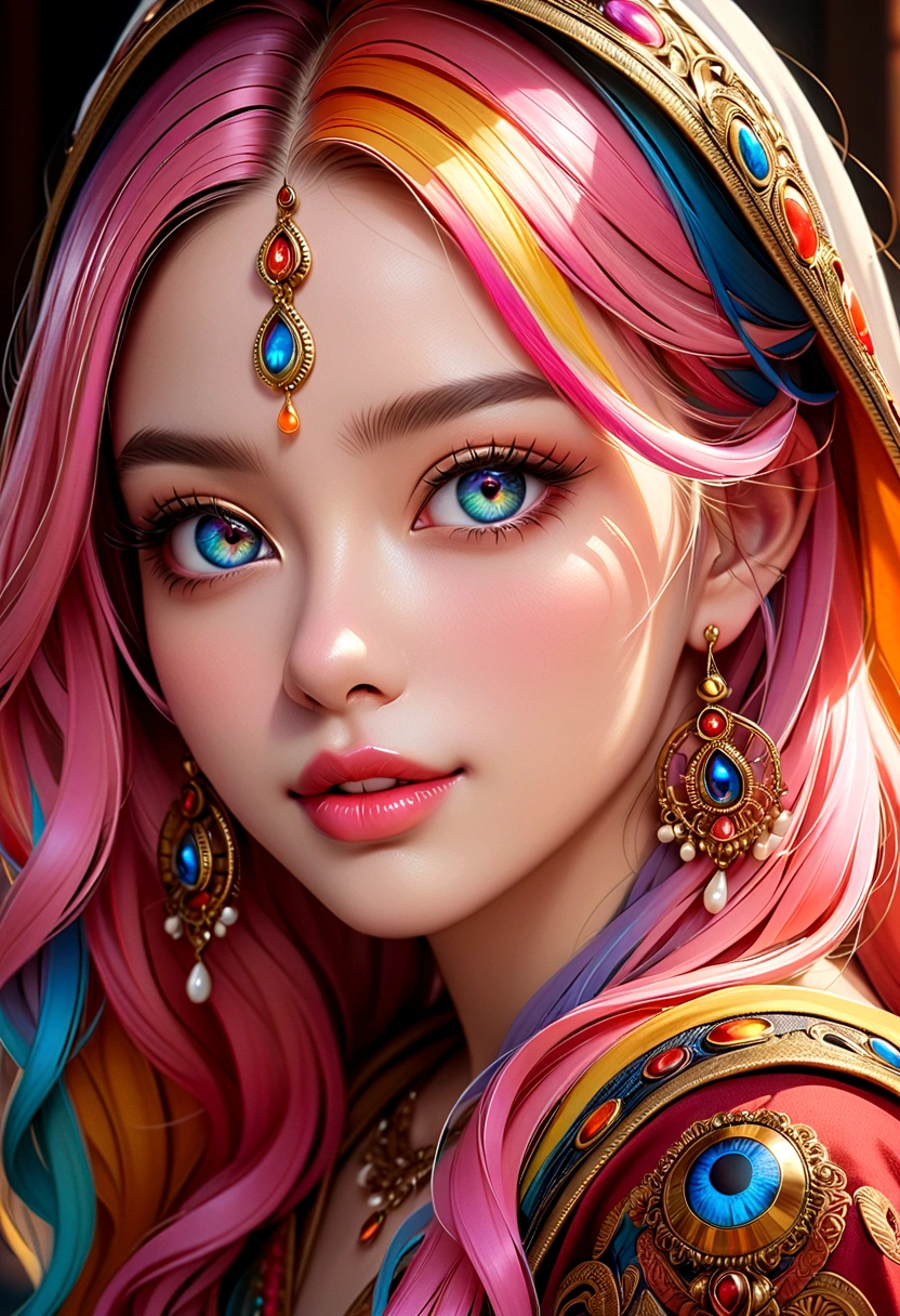 masterpiece, best quality, masterpiece, God-like quality, Godly Art, Highly detailed face, Highly realistic, Lovely, Young Girls, Smile, big eyes, Long eyelashes, Colorful hair, Colorful eyes, Glowing skin, Full lips, thick lips, Glowing skin, blush, Magnificent views