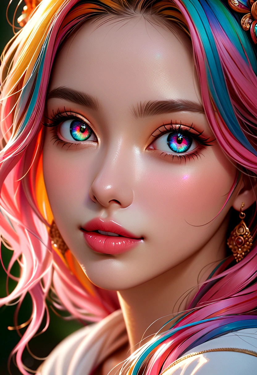 masterpiece, best quality, masterpiece, God-like quality, Godly Art, Highly detailed face, Highly realistic, Lovely, Young Girls, Smile, big eyes, Long eyelashes, Colorful hair, Colorful eyes, Glowing skin, Full lips, thick lips, Glowing skin, blush, Magnificent views