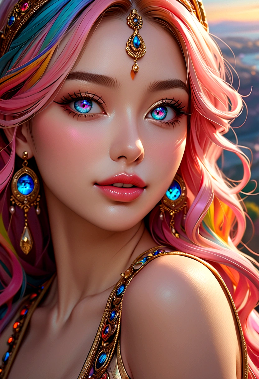a beautiful woman alien villager, long bright color hair, sexy tribal outfit, intrigued by Flash Gordon, flirting, detailed face, detailed eyes, detailed lips, 1girl, concept art, intricate details, cinematic lighting, dramatic colors, vibrant, colorful, fantasy, science fiction, hyperrealistic, photorealistic, 8k, best quality, masterpiece (show her from head to toe, full body shown)