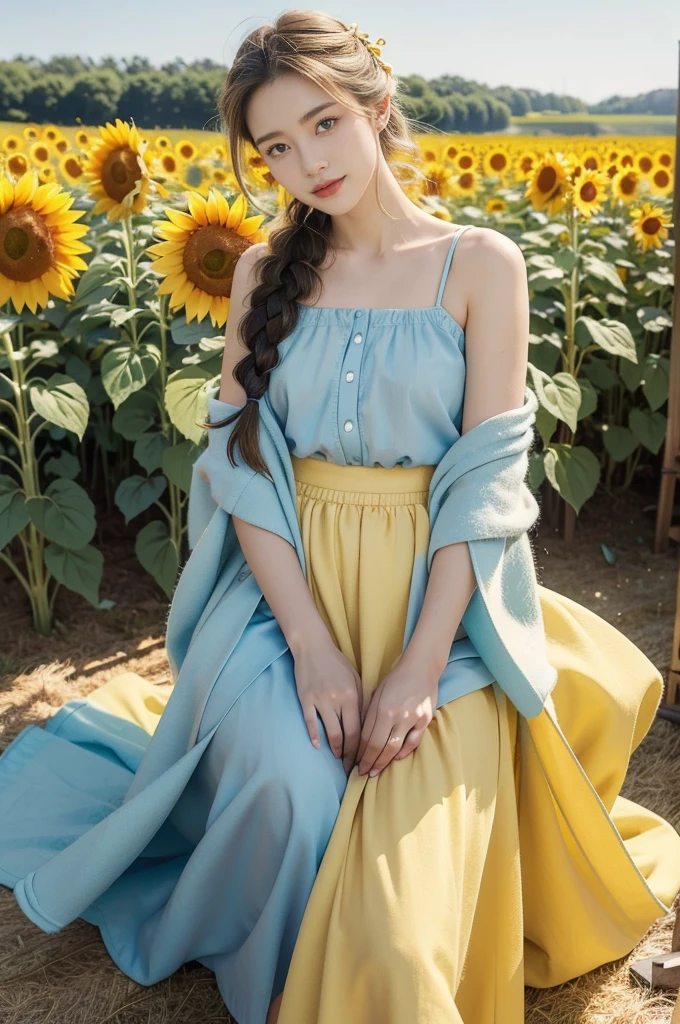 (((best quality))), (((ultra detailed))), (((masterpiece))), illustration, a picturesque scene of a beautiful Ukrainian girl standing amidst a field of sunflowers, short braided blonde hair, ((vibrant blue shirt,Maxi bright yellow skirt)), complementary attire, horizon as backdrop, brilliant shade of clear blue sky, stark contrast with yellow flowers, sea of yellow sunflowers, girl's presence adds intimacy, striking features, sharp piercing eyes, warm kindness, subtle smile, gentle nature, simplicity of beauty, natural setting, yellow dress cascading to ankles, fluttering in gentle breeze, short braids tied with colorful ribbons, playfulness, beauty in simplicity, girl standing out against vivid backdrop, harmonious fusion of nature's splendor and human grace, viewer captivated by girl's beauty, serenity of sunflower field, invites imagination of tranquility, away from chaos of everyday life, reminder of inherent beauty in world around us, waiting to be discovered