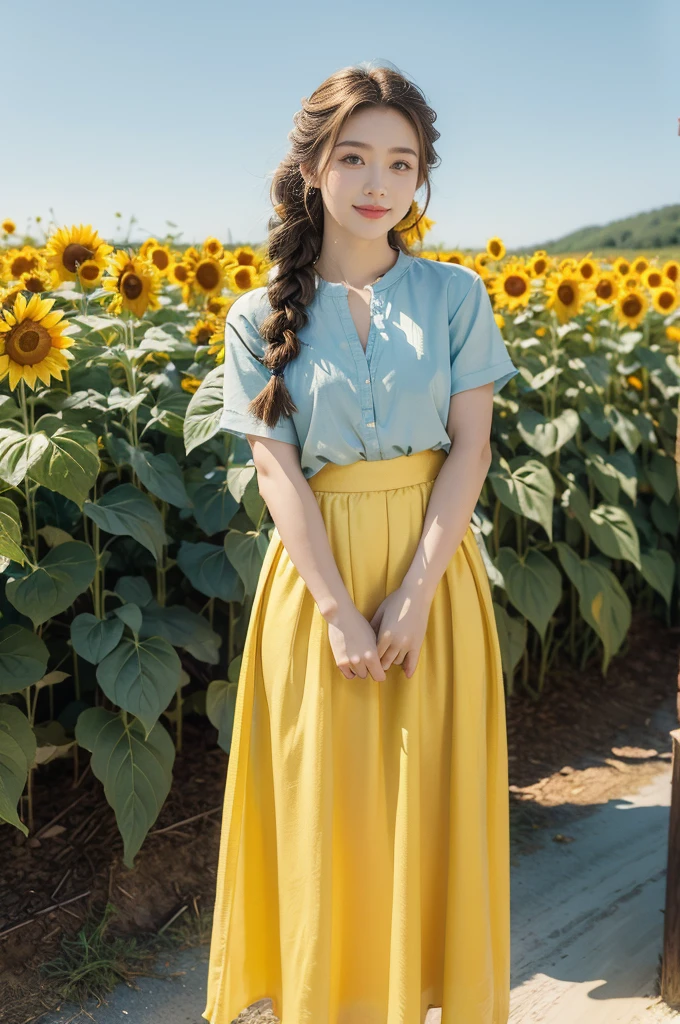 (((best quality))), (((ultra detailed))), (((masterpiece))), illustration, a picturesque scene of a beautiful Ukrainian girl standing amidst a field of sunflowers, short braided blonde hair, ((vibrant blue shirt,Maxi bright yellow skirt)), complementary attire, horizon as backdrop, brilliant shade of clear blue sky, stark contrast with yellow flowers, sea of yellow sunflowers, girl's presence adds intimacy, striking features, sharp piercing eyes, warm kindness, subtle smile, gentle nature, simplicity of beauty, natural setting, yellow dress cascading to ankles, fluttering in gentle breeze, short braids tied with colorful ribbons, playfulness, beauty in simplicity, girl standing out against vivid backdrop, harmonious fusion of nature's splendor and human grace, viewer captivated by girl's beauty, serenity of sunflower field, invites imagination of tranquility, away from chaos of everyday life, reminder of inherent beauty in world around us, waiting to be discovered