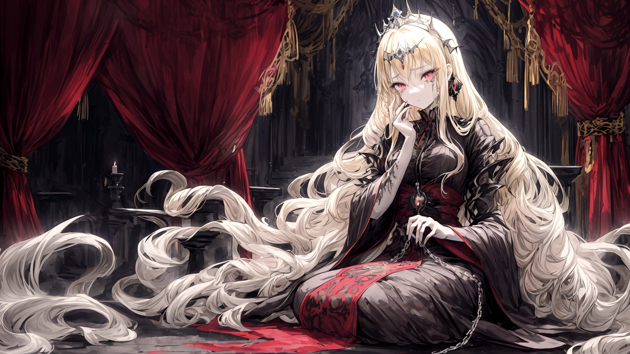 An anime-style vampire princess with long, flowing blonde hair, appearing sad and captive inside a grand, dimly lit castle. She is wearing an elegant, Gothic-style dress with intricate details and dark colors, with tears in her eyes. The princess is bound by chains, creating a sense of imprisonment and sorrow. The background features tall, arched windows with heavy drapes, ancient stone walls, and opulent decorations that exude a sense of eerie elegance and timeless royalty.
