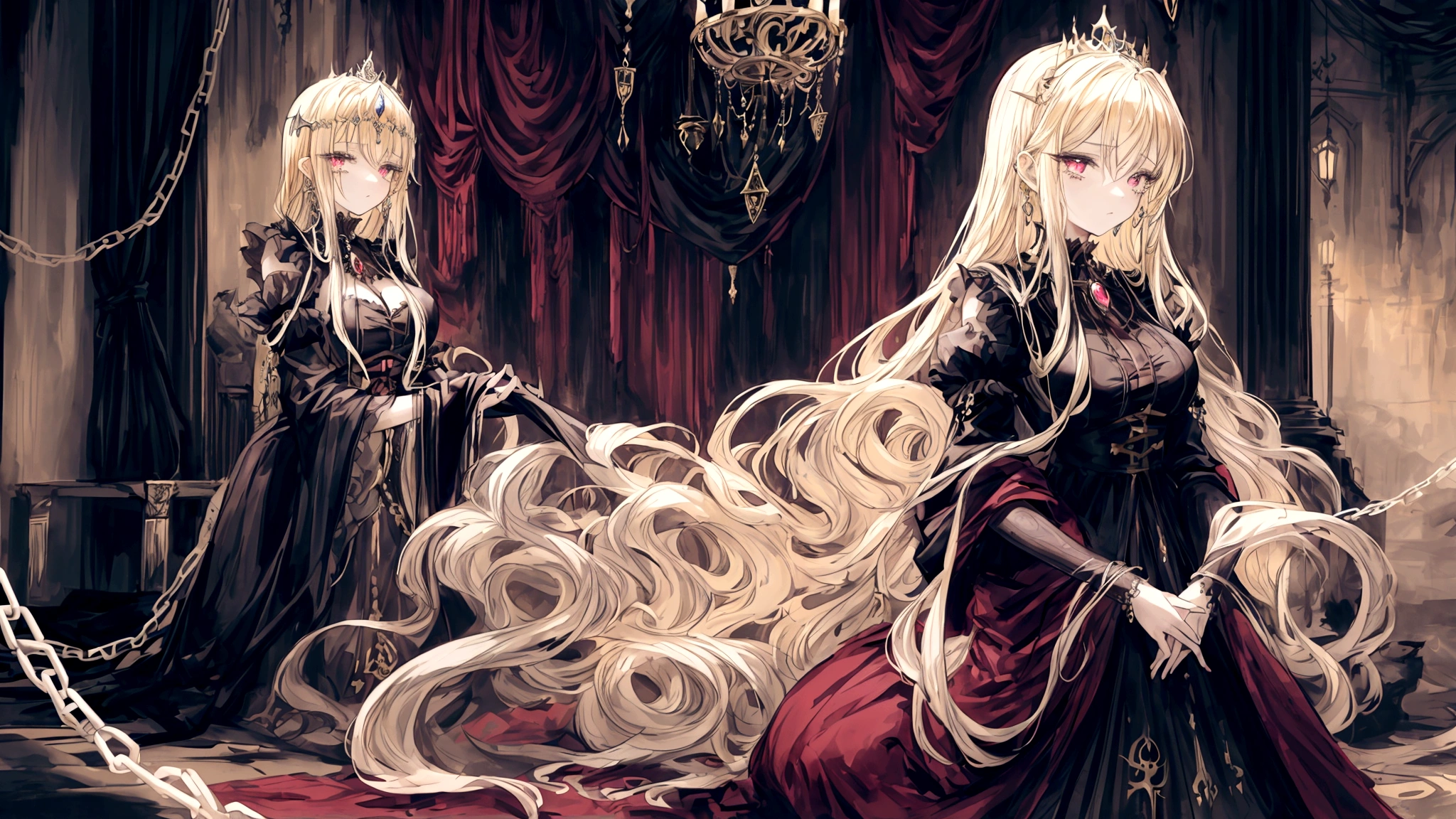 An anime-style vampire princess with long, flowing blonde hair, appearing sad and captive inside a grand, dimly lit castle. She is wearing an elegant, Gothic-style dress with intricate details and dark colors, with tears in her eyes. The princess is bound by chains, creating a sense of imprisonment and sorrow. The background features tall, arched windows with heavy drapes, ancient stone walls, and opulent decorations that exude a sense of eerie elegance and timeless royalty.