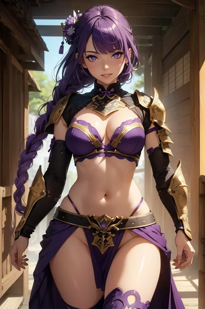 ((1girl, solo)), beautiful body, (perfect anatomy, perfect body, perfect legs), (perfect hands:1.5), natural proportions, sexy body, large breasts, cowboy shot BREAK
((extremely detailed face)), (beautiful detailed eyes:1.6), (realistic pupils, realistic iris:1), expressive eyes, looking at viewer, (clear eyes:1.3), (hyperrealistic:1.2), (detailed skin texture:1.2), smooth skin, (raiden shogun), (purple hair:1.5), (purple eyes), long hair, very long hair, braid, ((braided ponytail)), bangs, parted bangs, hair ornament, hair flower, hair tie, ((mature female)), (grin:1.1), (detailed lips:1.3), (attractive lips:1.1), (glossy lips:1.1), (parted lips), perfect face, perfect eyes BREAK
(revealing clothes:1.5), (samurai armor), (japanese armor:1.5), cleavage, bra, (shoulder armor:1.4), (arm guard:1.5), stomach, navel, (groin:1.5), (highleg:1.5), (pelvic curtain:1.4), thighs, purple thighhighs BREAK
(masterpiece:1.5), anime-style, top quality, best quality, (beautiful and aesthetic:1.2), (ultra detail:1.5), ultra-detailed depiction, ultra-precise depiction, extremely detailed 8k illustration, high resolution, (highly detailed shading:1.2), (realistic lighting:1.4), perfect lighting, vibrant colors, dynamic tones, striking hues, 8k, absurd resolution, perfect shadows, hdr, UHD, ambient lighting, realistic, ultra-realistic, photo realistic, highly detailed, rich detail, luminous colors, fine texture, intricate design, professional illustration, (soft light:1.2), (illustration:0.7)