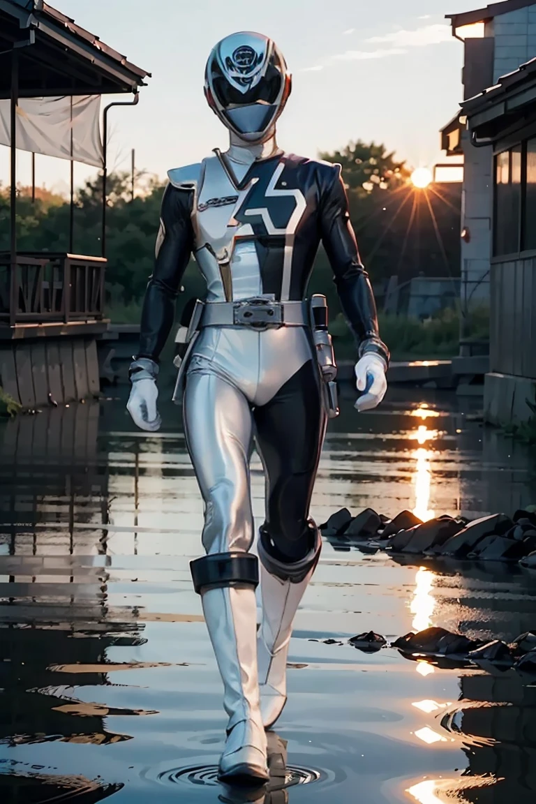 The sunset flies with the lonely geese in the distance, and the autumn river water and the vast sky are connected, icons,1boy, white, full body, Illustration, cinematic light, high resolution, best quality, ultra detailed, masterpiece, power suit, powerranger, suit, spd, (silver royal guard ranger suit), gold detail