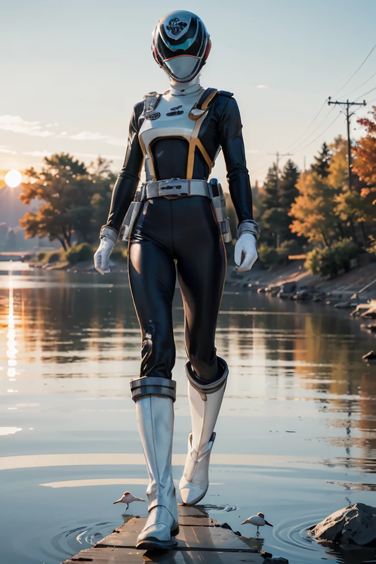 The sunset flies with the lonely geese in the distance, and the autumn river water and the vast sky are connected, icons,1boy, white, full body, Illustration, cinematic light, high resolution, best quality, ultra detailed, masterpiece, power suit, powerranger, suit, spd, (silver royal guard ranger suit), gold detail