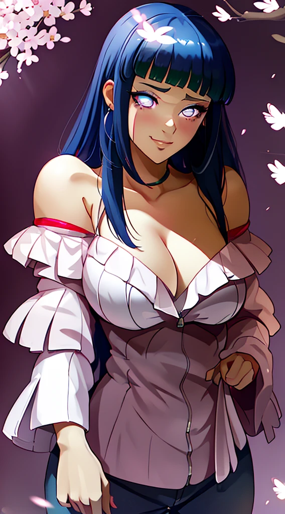 tmasterpiece, Best quality at best, 1girll, hinata ,,Off-the-shoulder attire,(cleavage),(upperbody closeup),Raised sexy,is shy,ssmile,with pink hair, long whitr hair, (Green eyeballs:1.4), Forehead protection, the cherry trees,Cherry blossoms flying,Red clothes,Zipper half