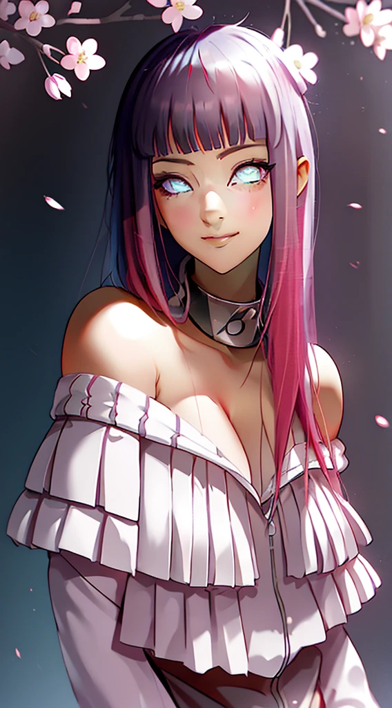 tmasterpiece， Best quality at best， 1girll， hinata ，，Off-the-shoulder attire，（cleavage)，（upperbody closeup)，Raised sexy，is shy，ssmile，with pink hair， long whitr hair， （Green eyeballs:1.4)， Forehead protection， the cherry trees，Cherry blossoms flying，Red clothes，Zipper half