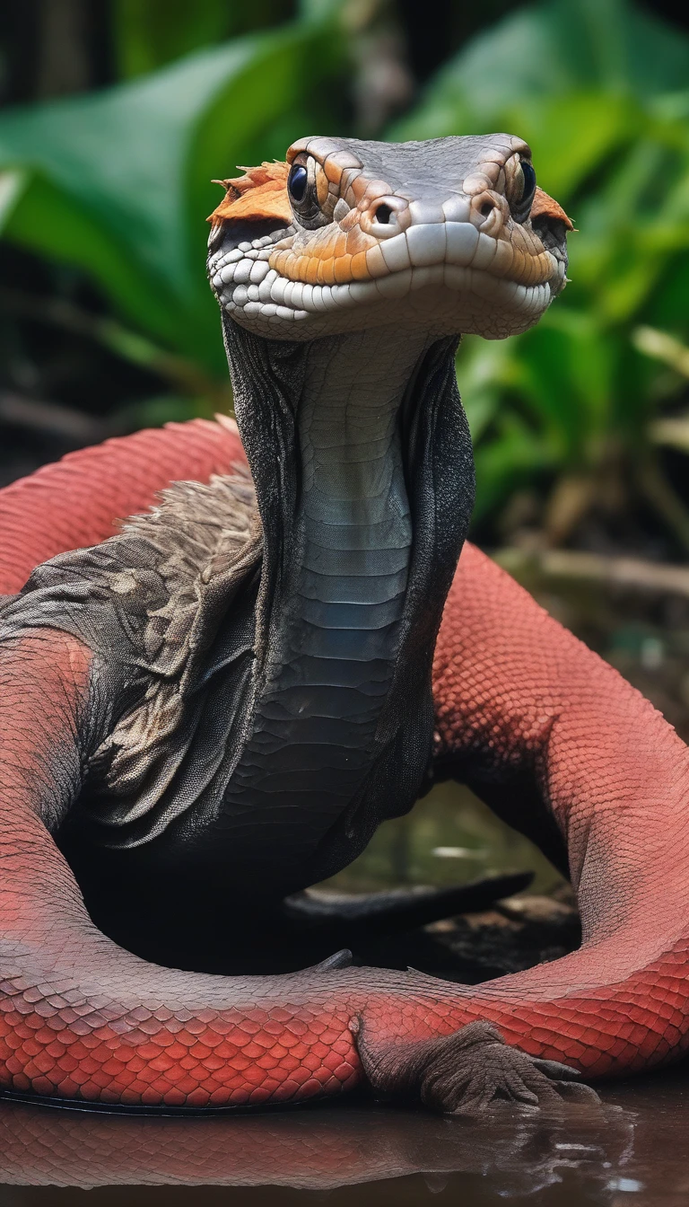 Excellent picture quality, masterpiece, best picture quality, super detailed, ultra detailed, UHD, HDR, DOF, depth of field, a cross between a cobra and a komodo dragon, a fictional fearsome creature that lives in the rainforest, poisonous and attacks its prey with its huge body and powerful jaws.