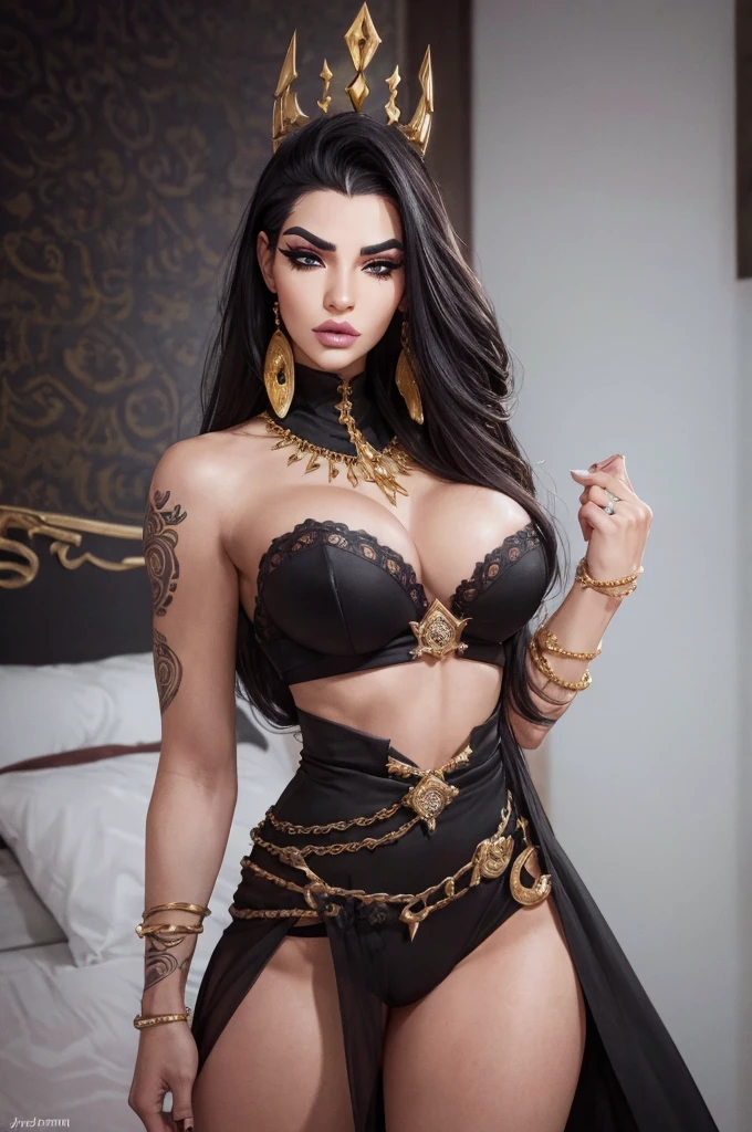 BRT2 style, Jazmen jafar, best quality,highres,ultra-detailed,realistic:1.37,portrait,(Jazmen jafar), Jazmen jafar, Jazmen jafar face, makeup, sharp eyeliner, good proportions, sexiest quality, long hair, (detailed face:1), thick thighs, standing