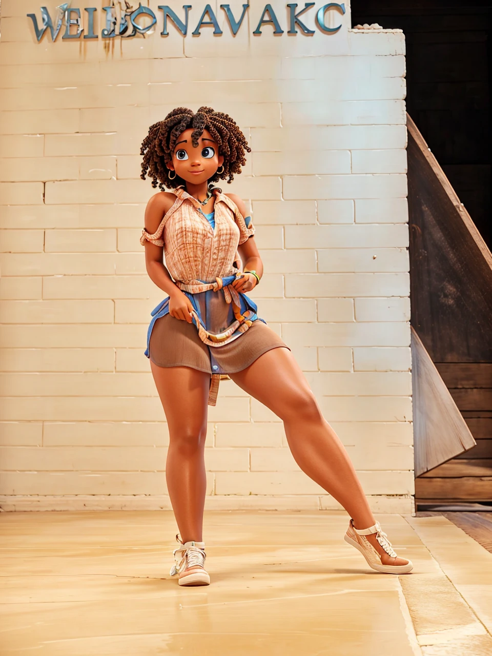 a black woman , HAS A BROWN DRESS WITH BLUE STRAPS AND A SPLIT ON THE LEFT LEG AND IS BAREFOOUS IN Disney Pixar STYLE, high qualiy