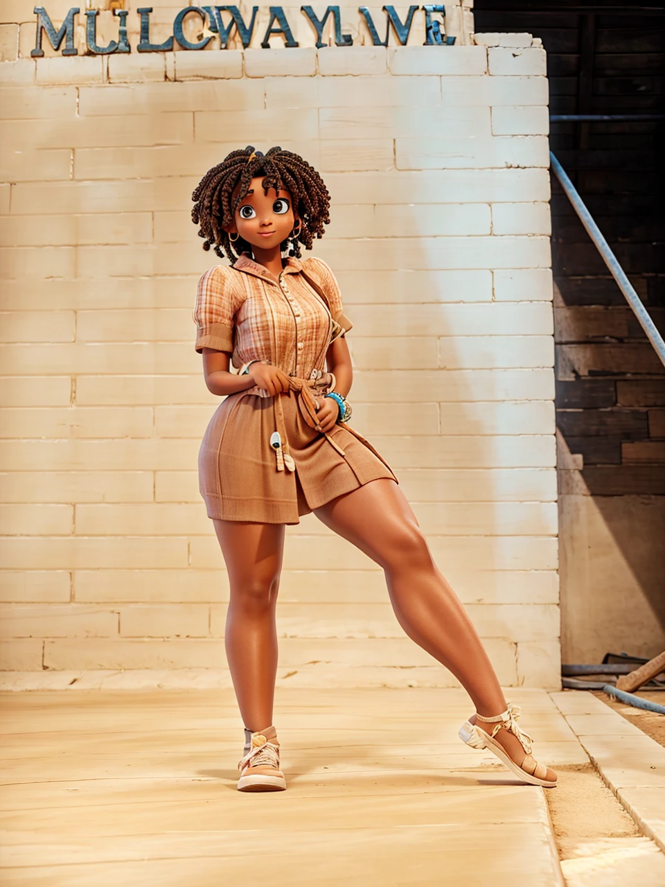 a black woman , HAS A BROWN DRESS WITH BLUE STRAPS AND A SPLIT ON THE LEFT LEG AND IS BAREFOOUS IN Disney Pixar STYLE, high qualiy