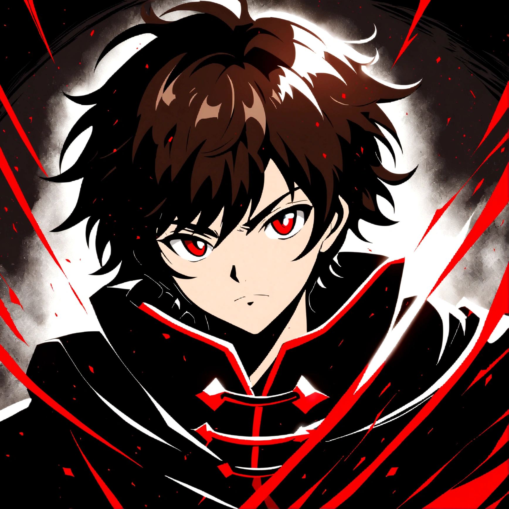 anime style diffusion, upper body, (face to the side 0.3), boy with messy brown hair bright red eyes, (open eyes 0.5), (serious face 0.1), black majestc cloak with red details, upper light, high contrast , 2D style, photoshop, cinematic
