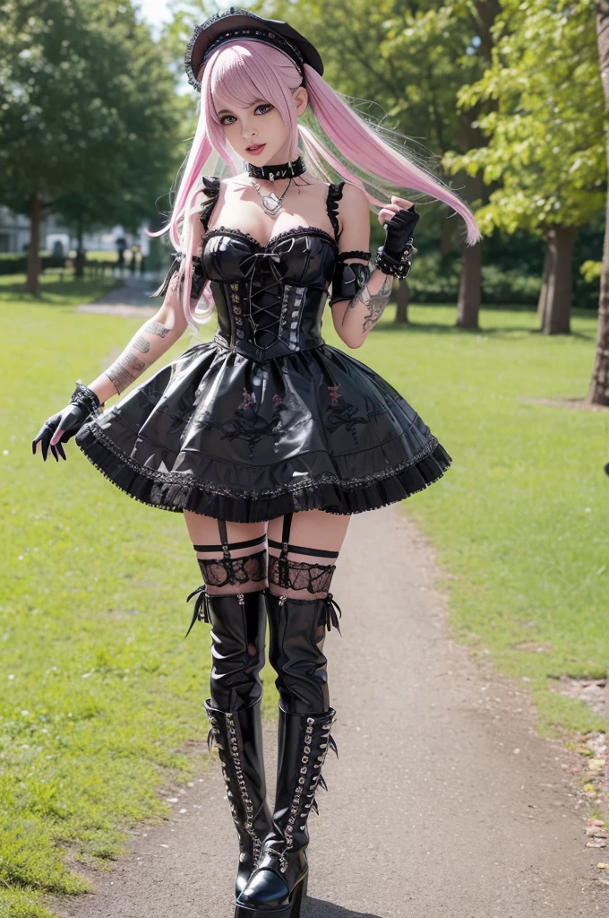 sexy stylish female model, only 1 female, ((doll-like appearance)), long stylish hair, ((shiny Punk-Style boots)), (happy smile), ultra detailed eyes, long lashes, metallic makeup, lip-gloss, ((sexy Punk Lolita cosplay)), unconventional skirt, petticoats, high neckline, ((ultra detailed lace)), ((ultra detailed embroidery)), intricate details, tartan patterns, safety pins, Punk Lolita accessoires, short black gloves, Punk Lolita choker, ((large sparkling Punk Lolita jewelry)), cinematic light, detailed sunny large park background with trees
