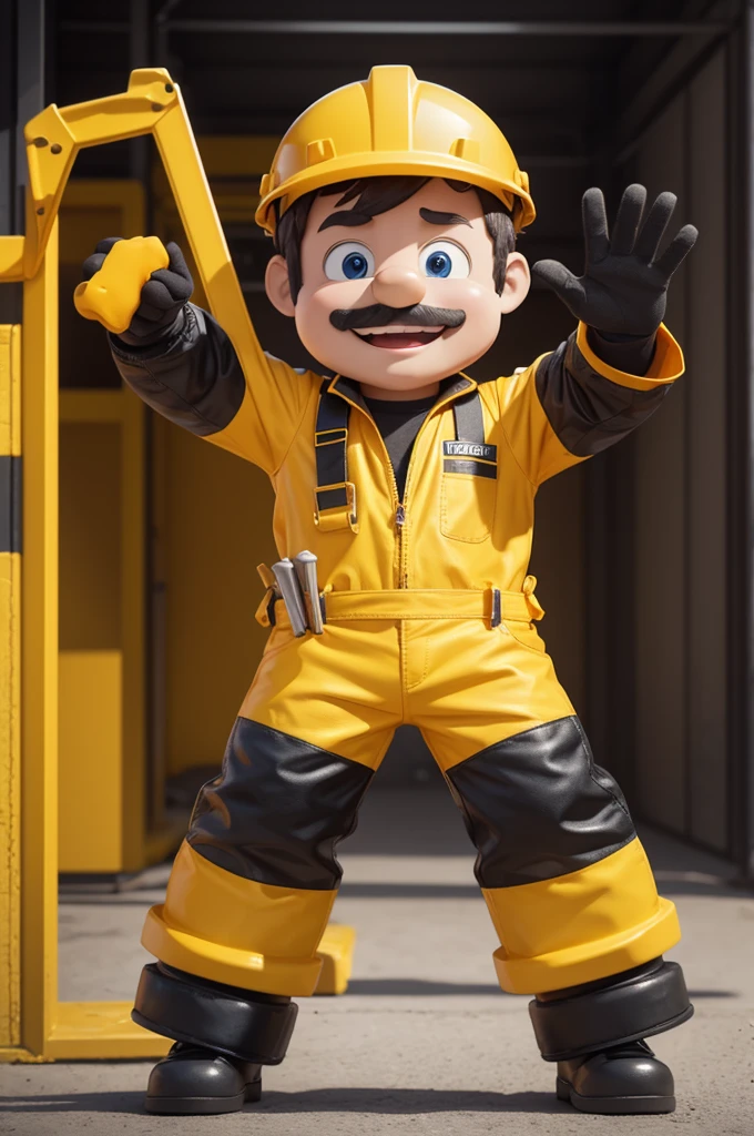 Image of a man mascot with mechanics tools yellow construction helmet orange colored blouse and black details showing full body waving goodbye in 3d cartoon