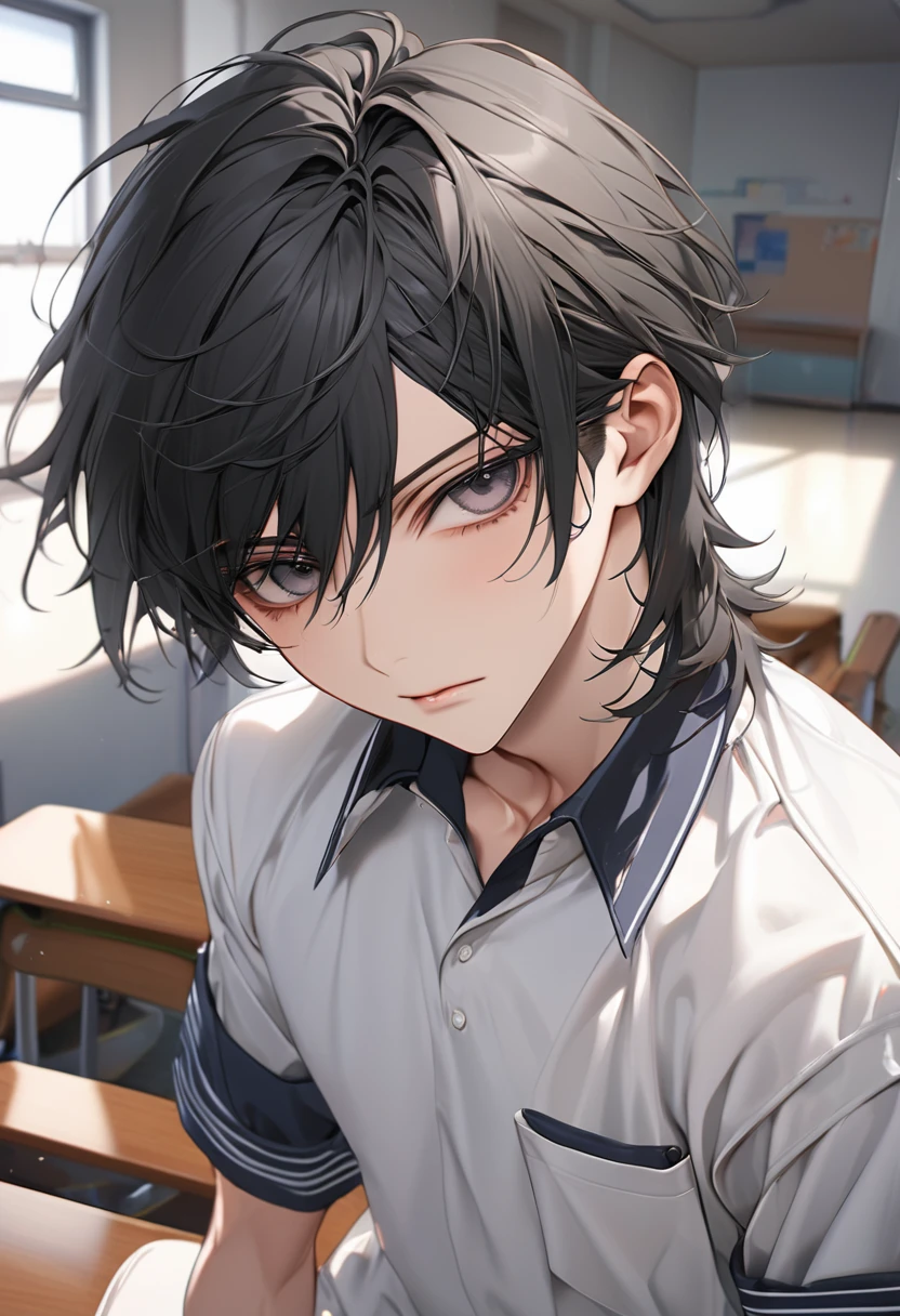 A highschool boy, handsome, perfect body, black hair, short hair, mullet, black eyes, upturned eyes, expressionless, black highschool uniform, anime, first-person view, masterpiece, anatomically correct, high details, highres, best quality, super detail, 1080P
