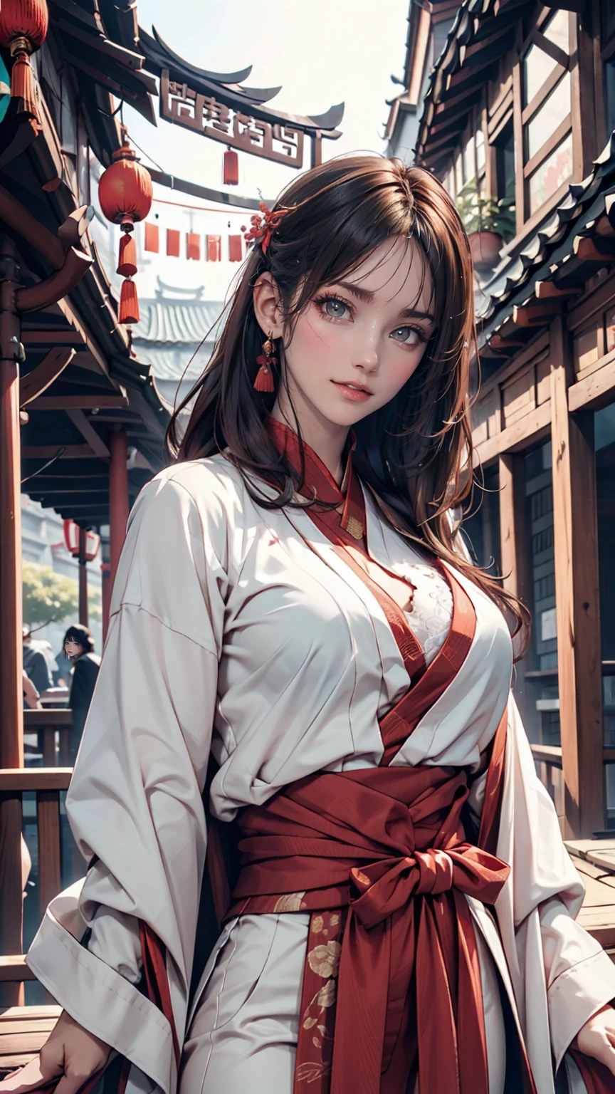 Beautiful girl ,Wearing gorgeous Hanfu, Chinese style building, landscape、Sexy proportions、Sexy、Narrow waist、Bewitching Smile