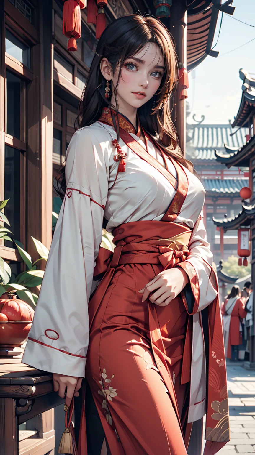 Beautiful girl ,Wearing gorgeous Hanfu, Chinese style building, landscape、Sexy proportions、Sexy、Narrow waist、Bewitching Smile