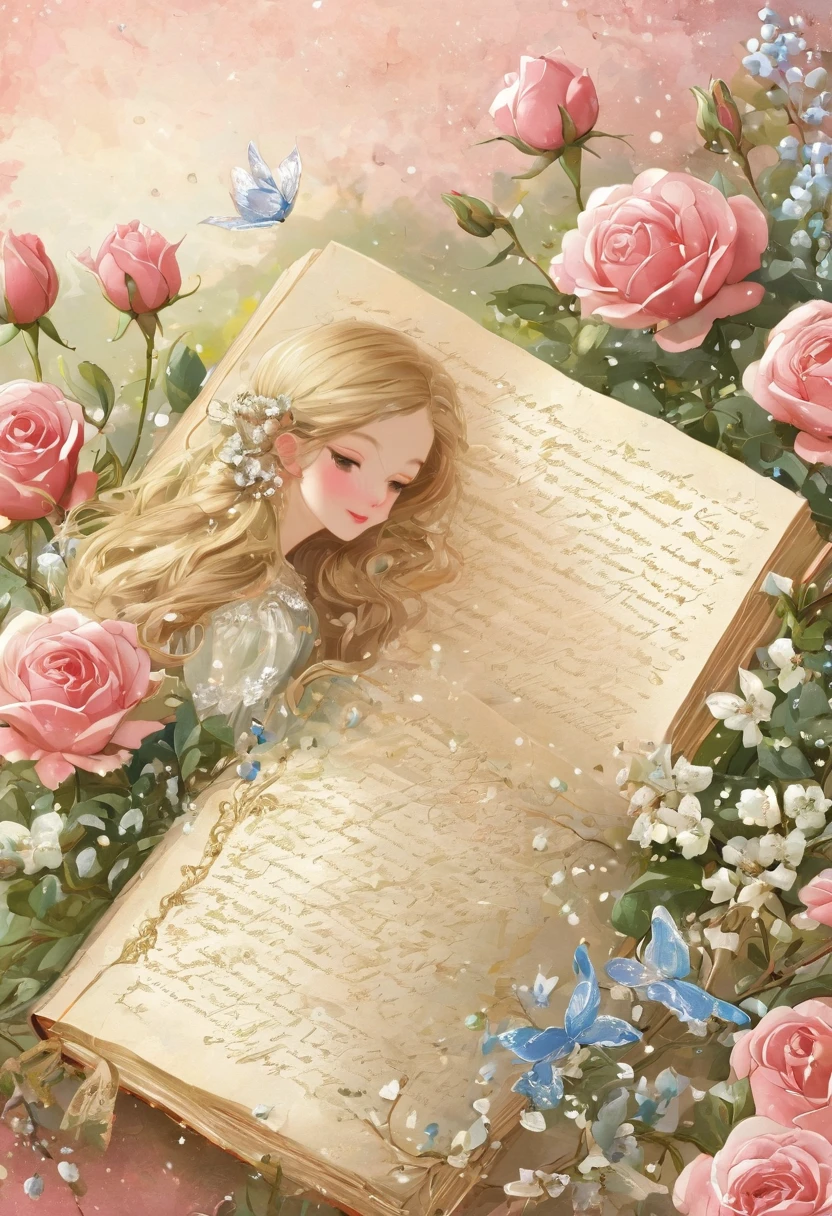 (((masterpiece))), (((Highest quality))), ((Super detailed)), (Highly detailed CG illustrations), ((非常にdelicateで美しい)), (overhead shot),(最高masterpiece:1.4),delicate,8k,( Background Pages:1.4),race,Lots of ribon,Rococo, roses,(gypsophila),(VINTAGE light salmon SCRAPPY PAPERS), a selection of pretty pages with flowers that will work with,((Digital Paper:1.4)),Stamperia,(DAPHNE’S DIARY:1.4),Watercolor