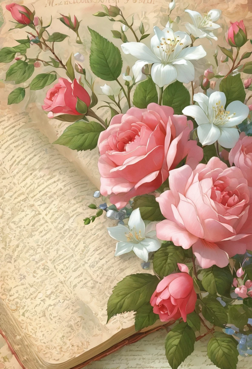 (((masterpiece))), (((Highest quality))), ((Super detailed)), (Highly detailed CG illustrations), ((非常にdelicateで美しい)), (overhead shot),(最高masterpiece:1.4),delicate,8k,( Background Pages:1.4),race,Lots of ribon,Rococo, roses,(gypsophila),(VINTAGE light salmon SCRAPPY PAPERS), a selection of pretty pages with flowers that will work with,((Digital Paper:1.4)),Stamperia,(DAPHNE’S DIARY:1.4),Watercolor