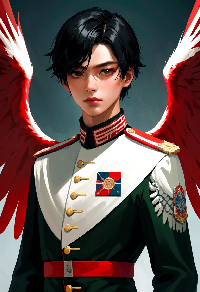 (Higher resolution, clearly_image) The best man, masterpiece, Very detailed, Semi-realistic, Black short hair, With central hair, 18 years old, young, tall and big, 纯White的衣服, White, military uniform, Military Academy, undisciplined, unrestrained, Handsome, Authoritarianism, Strong aura, Satan, Angel, Delicate facial features, Facial details,