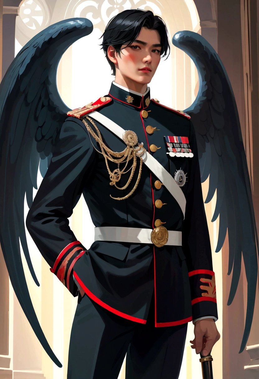 (Higher resolution, clearly_image) The best man, masterpiece, Very detailed, Semi-realistic, Black short hair, With central hair, 18 years old, young, tall and big, 纯White的衣服, White, military uniform, Military Academy, undisciplined, unrestrained, Handsome, Authoritarianism, Strong aura, Satan, Angel, Delicate facial features, Facial details,