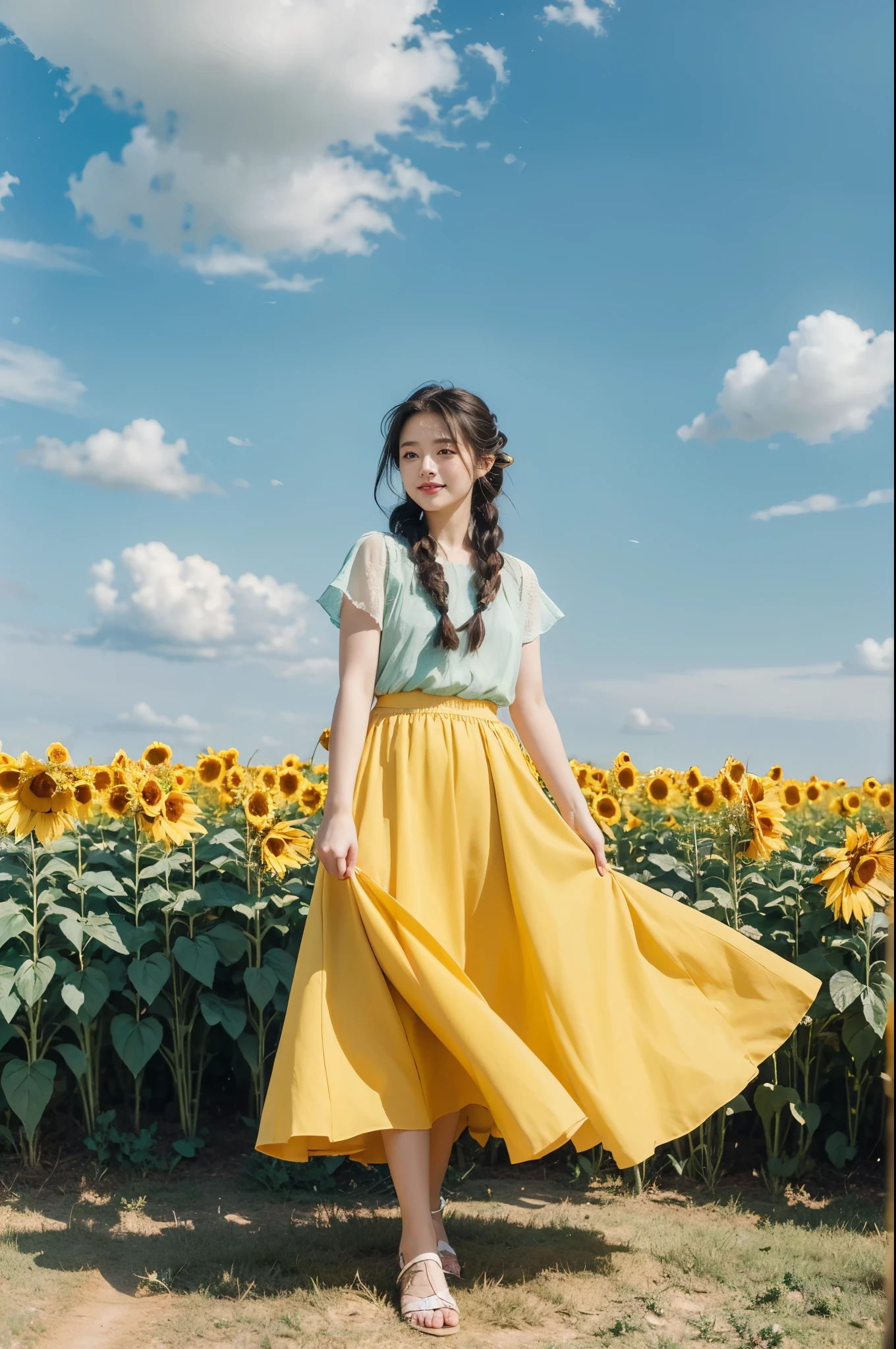 (((best quality))), (((ultra detailed))), (((masterpiece))), illustration, a picturesque scene of a beautiful Ukrainian girl standing amidst a field of sunflowers, short braided hair, ((vibrant blue shirt,Maxi bright yellow skirt)), complementary attire, horizon as backdrop, brilliant shade of clear blue sky, stark contrast with yellow flowers, sea of yellow sunflowers, girl's presence adds intimacy, striking features, sharp piercing eyes, warm kindness, subtle smile, gentle nature, simplicity of beauty, natural setting, yellow dress cascading to ankles, fluttering in gentle breeze, short braids tied with colorful ribbons, playfulness, beauty in simplicity, girl standing out against vivid backdrop, harmonious fusion of nature's splendor and human grace, viewer captivated by girl's beauty, serenity of sunflower field, invites imagination of tranquility, away from chaos of everyday life, reminder of inherent beauty in world around us, waiting to be discovered