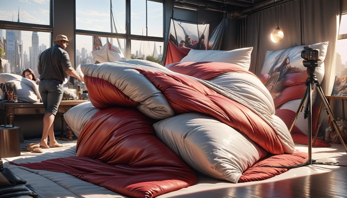 a large red fluffy silk feather duvet, many giant silk hugging pillows, luxurious and fluffy red silk bed, high quality, beautiful detailed silk textures, extremely detailed, photorealistic, (best quality,4k,8k,highres,masterpiece:1.2),ultra-detailed,(realistic,photorealistic,photo-realistic:1.37),HDR,UHD,studio lighting,ultra-fine painting,sharp focus,physically-based rendering,extreme detail description,professional,vivid colors,bokeh