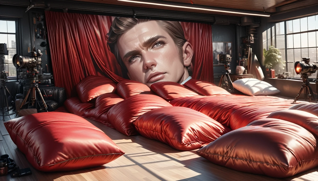 a large red fluffy silk feather duvet, many giant silk hugging pillows, luxurious and fluffy red silk bed, high quality, beautiful detailed silk textures, extremely detailed, photorealistic, (best quality,4k,8k,highres,masterpiece:1.2),ultra-detailed,(realistic,photorealistic,photo-realistic:1.37),HDR,UHD,studio lighting,ultra-fine painting,sharp focus,physically-based rendering,extreme detail description,professional,vivid colors,bokeh